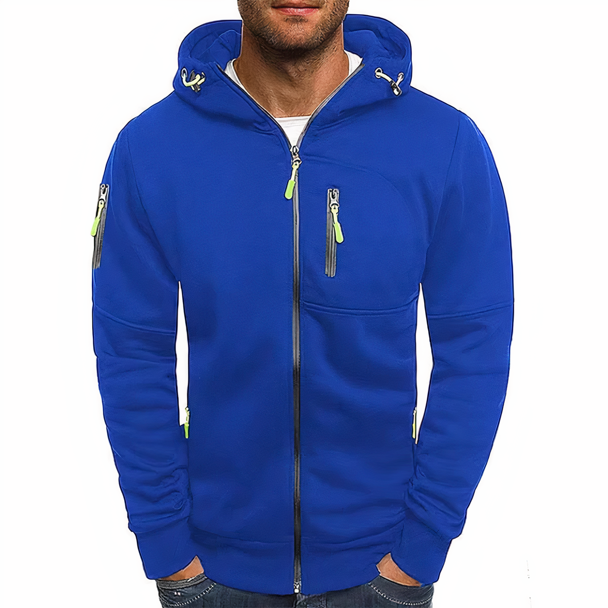 Men's lightweight urban zip hoodie with adjustable contrast-cord hood and practical front pockets