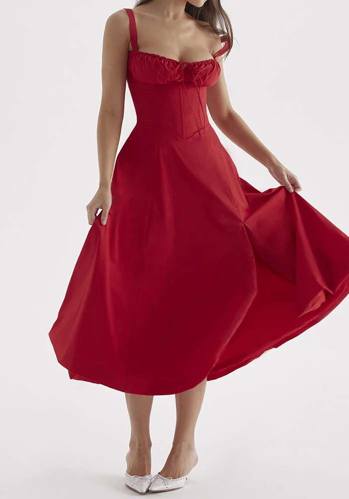 Floral A-line corset midi dress for women with adjustable back and romantic fitted silhouette