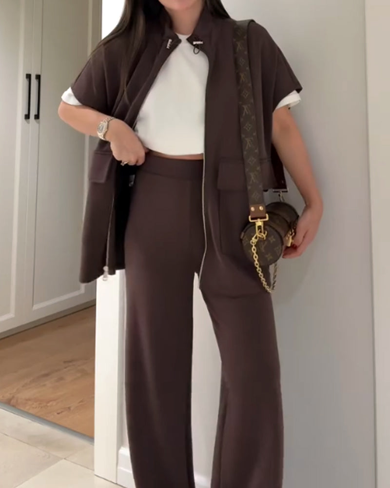 Women casual two-piece set with stretch waist detail top and matching pants for everyday comfort