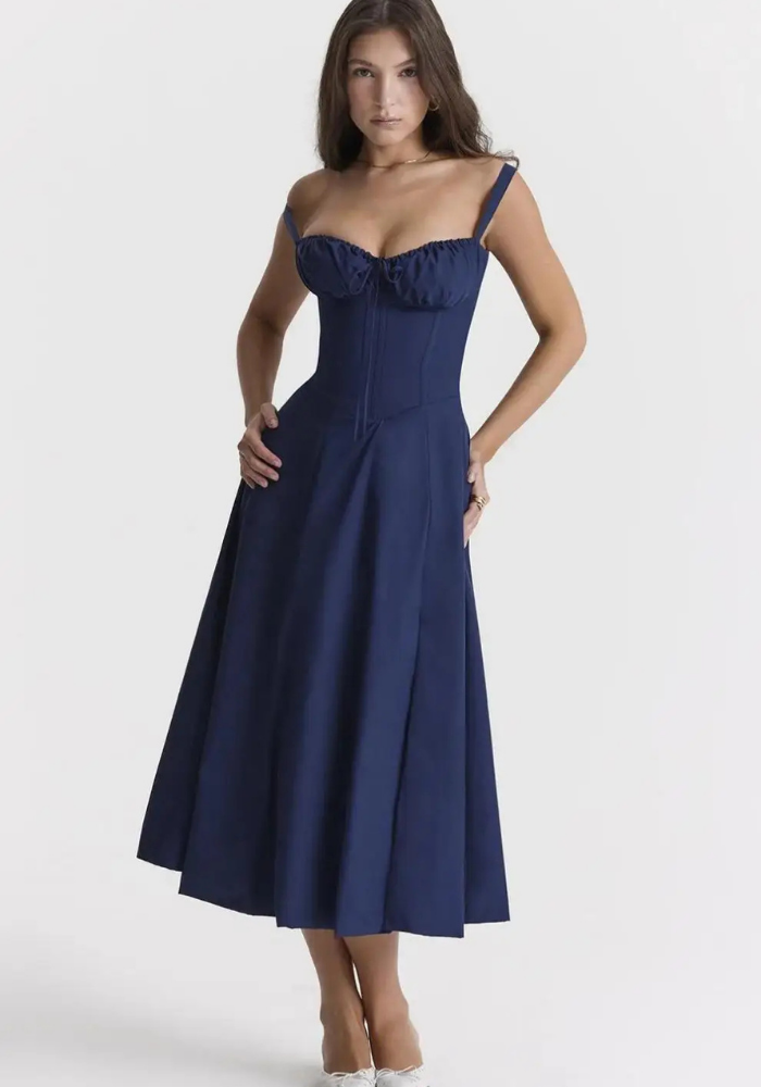 Floral A-line corset midi dress for women with adjustable back and romantic silhouette