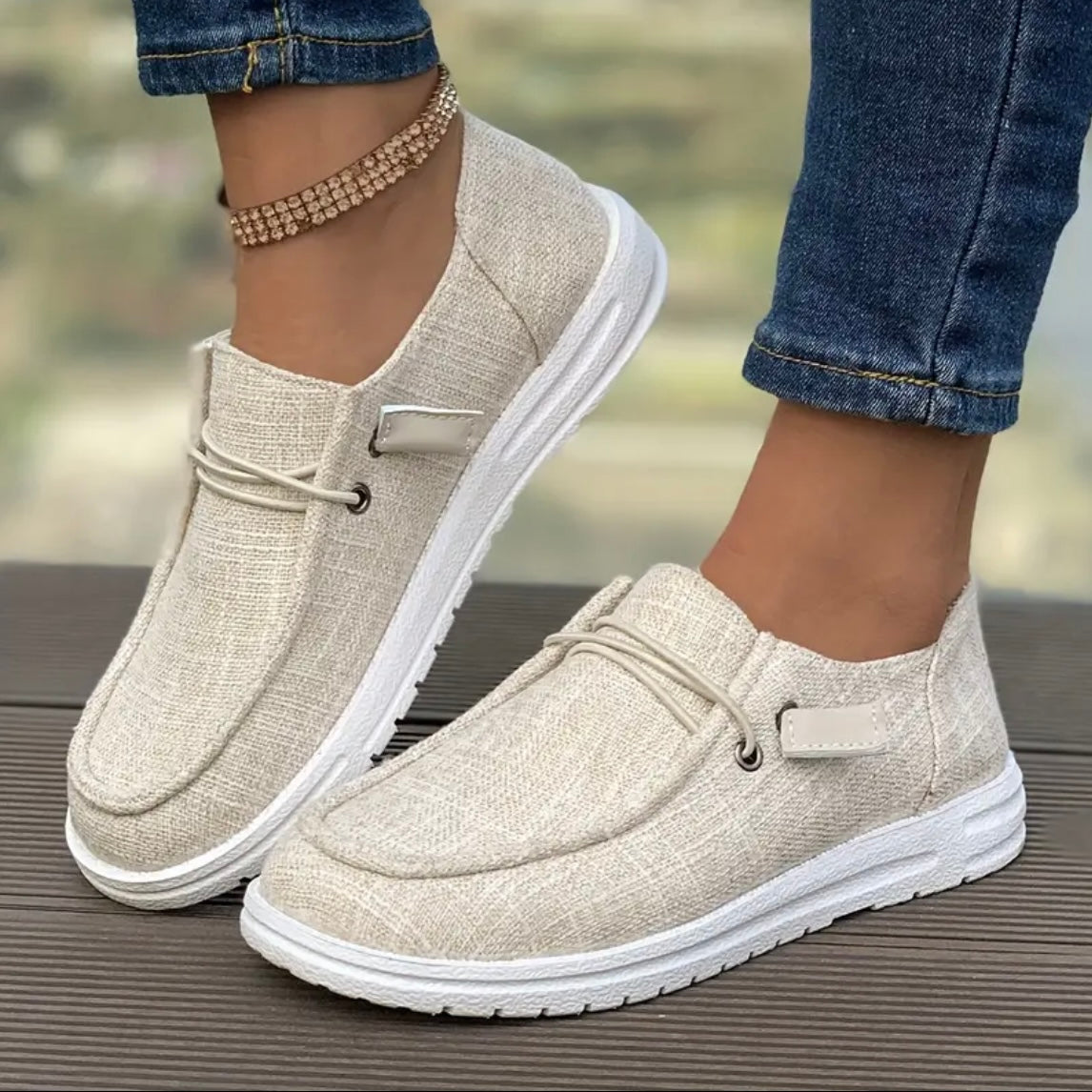 Women's slip-on shoes beige mesh upper cushioned sole elegant everyday comfort style