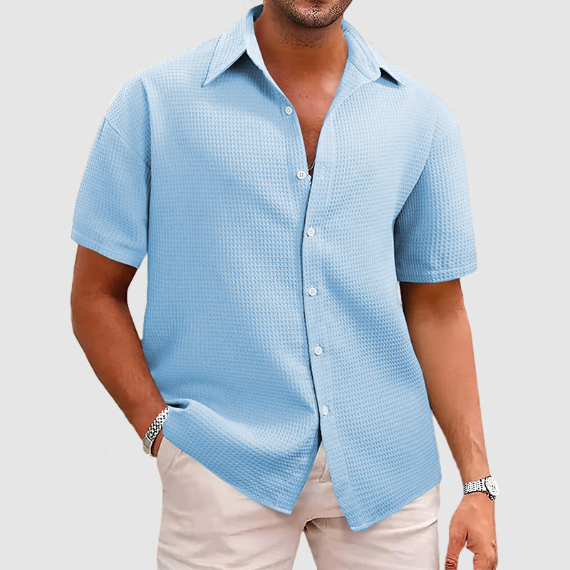 Men's beige waffle short sleeve shirt relaxed fit with soft textured fabric for warm weather