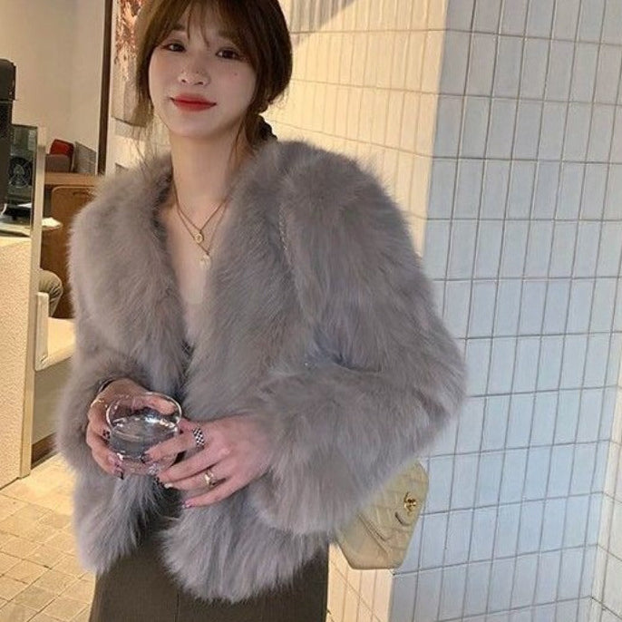 Women's white faux fur party jacket structured short silhouette plush glamorous evening wear