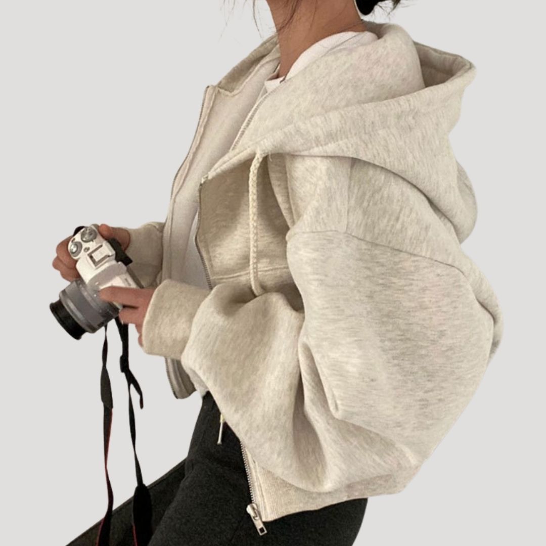 Women's cropped zip-up hoodie jacket lightweight sporty silhouette with front zipper closure
