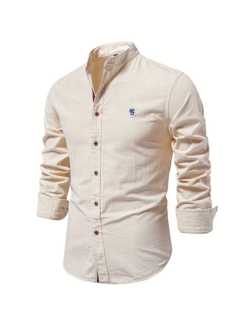 Men's solid color long-sleeve button-down shirt with classic placket for timeless elegant style