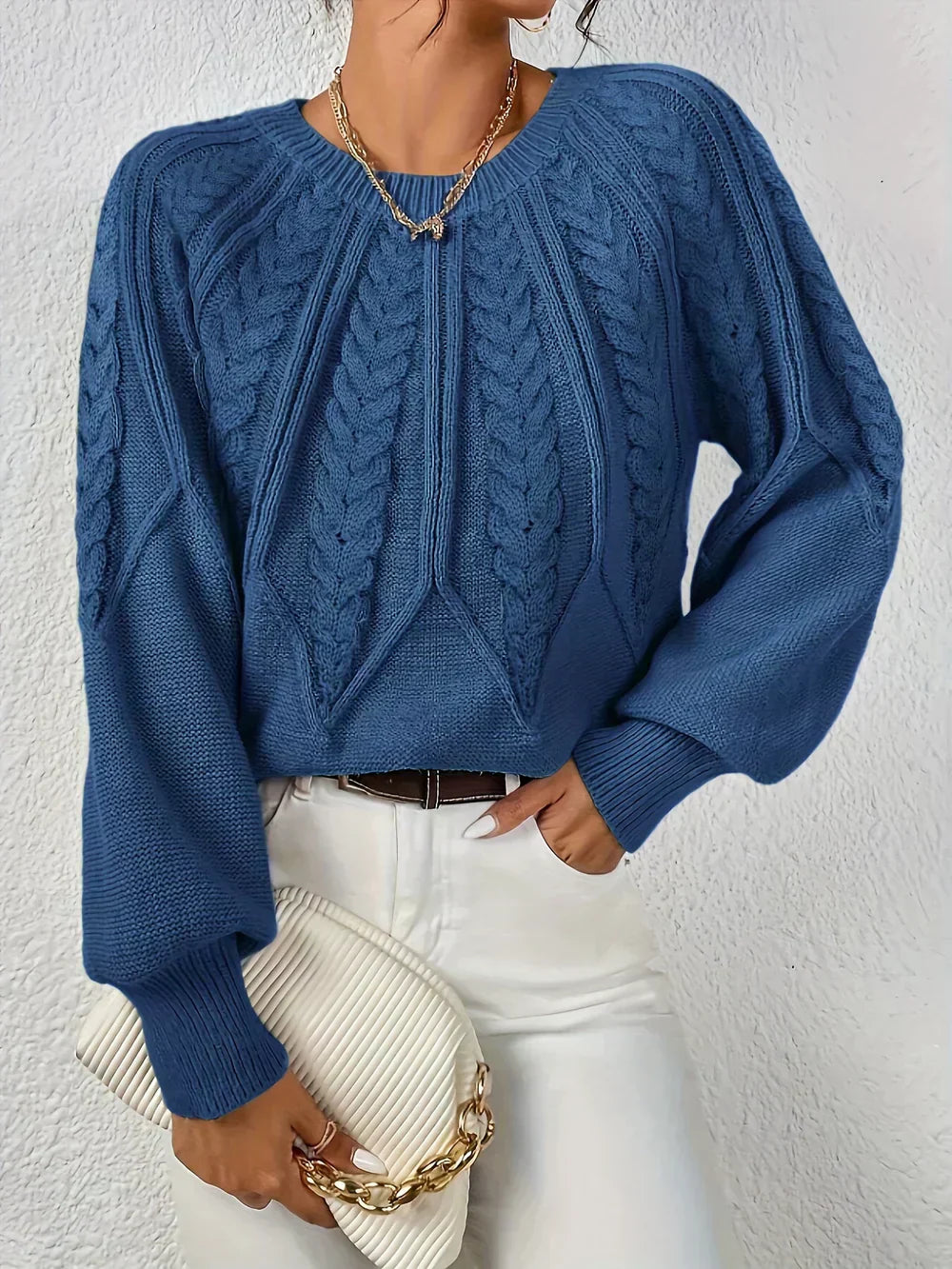 Women's cream cable knit crocheted sweater relaxed fit with textured crochet-inspired pattern