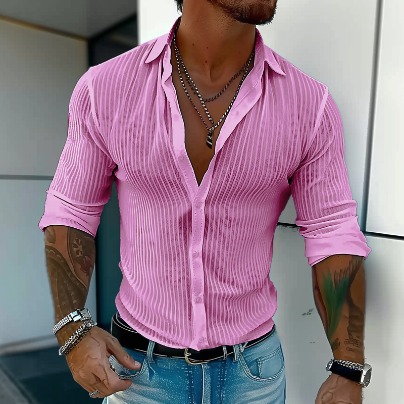 Men's slim fit white vertical striped lightweight button-front shirt for casual office wear