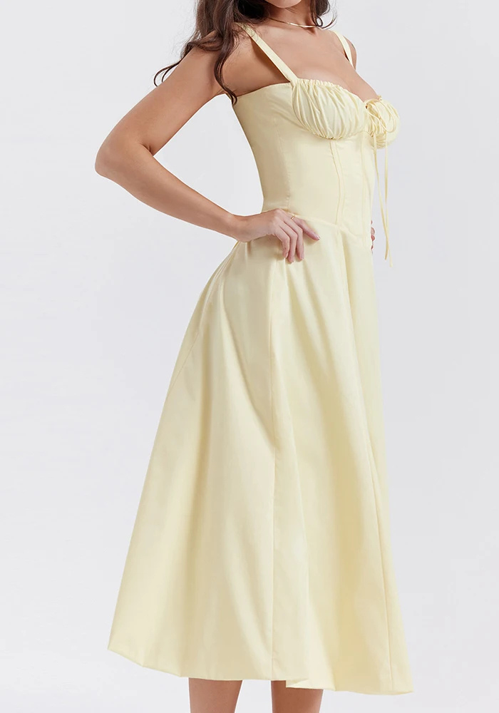 Floral A-line corset midi dress for women with adjustable back and romantic silhouette