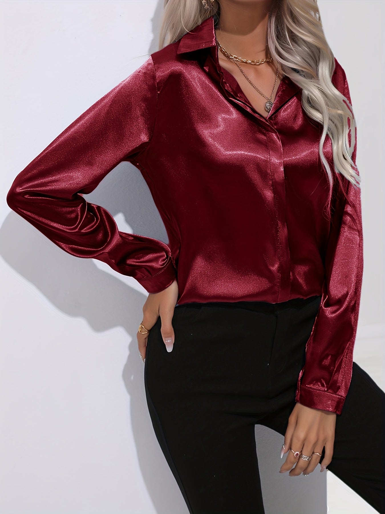 Women's satin button-down long sleeve blouse, sleek elegant office top with polished front closure