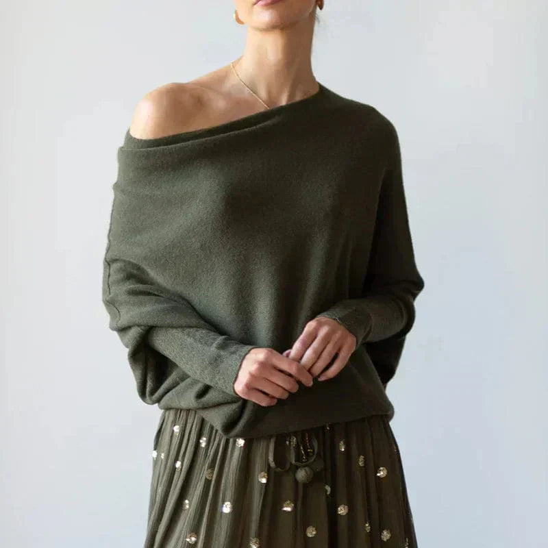 Women's relaxed soft knit sweater with boat neckline, loose cozy fit for all-day comfort