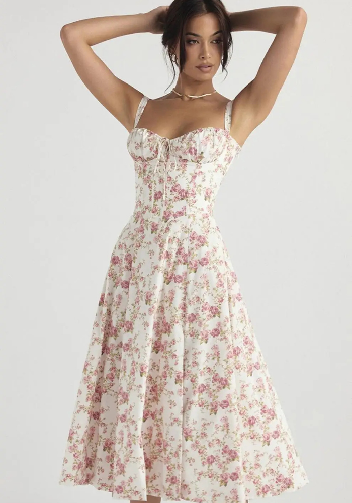 Floral A-line corset midi dress for women with adjustable back and romantic feminine silhouette