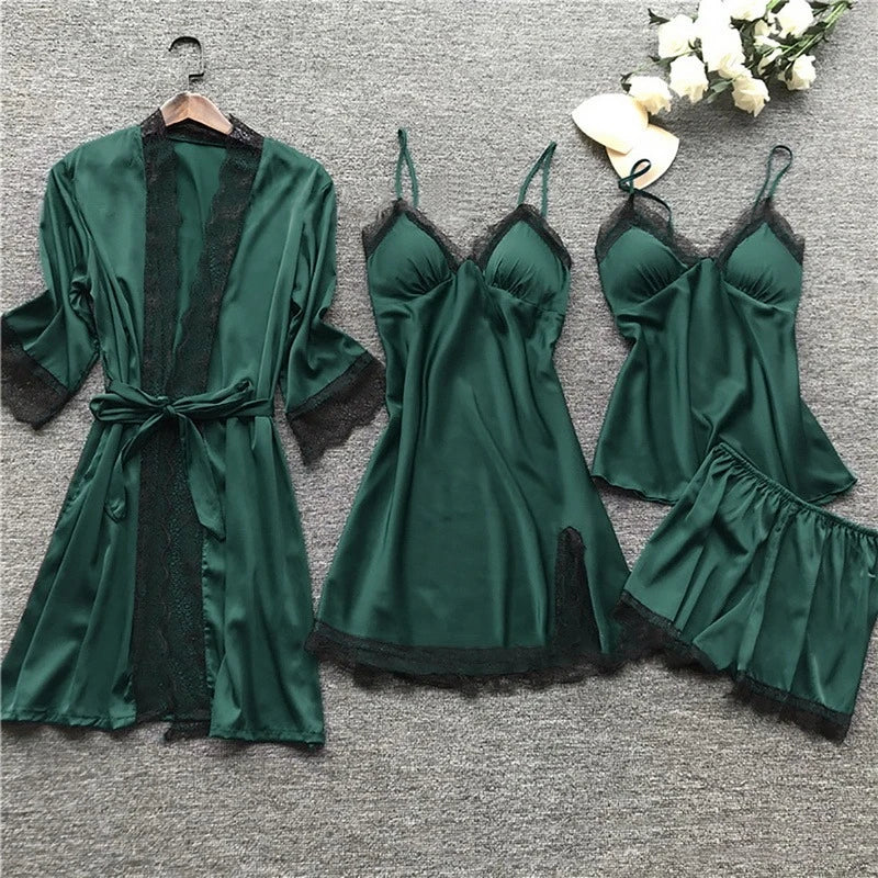 Women's luxury satin pajama set in soft neutral tones, elegant relaxed-fit silhouette with refined drape