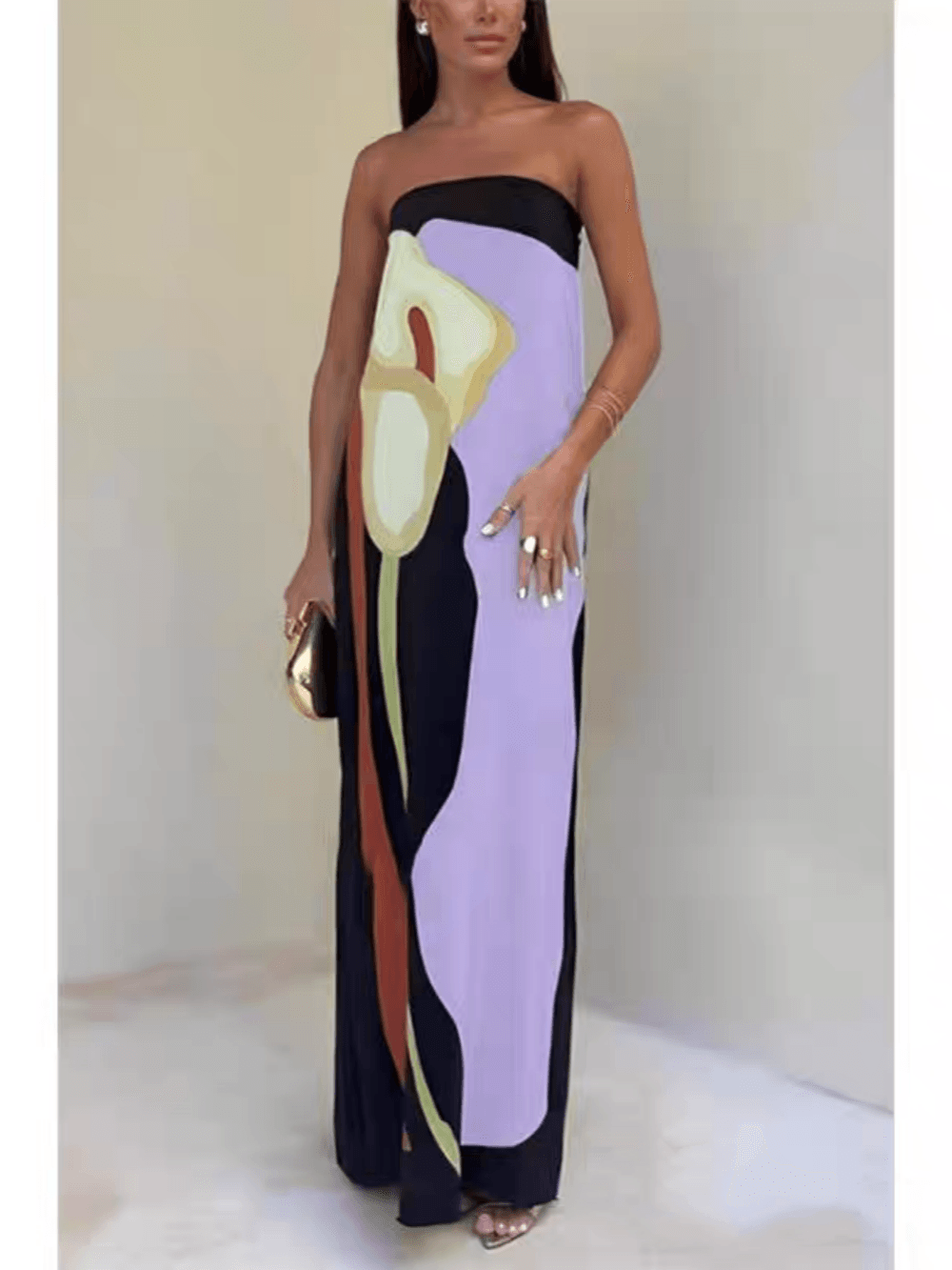 Women's strapless color block maxi dress with bold printed pattern, sleeveless party silhouette