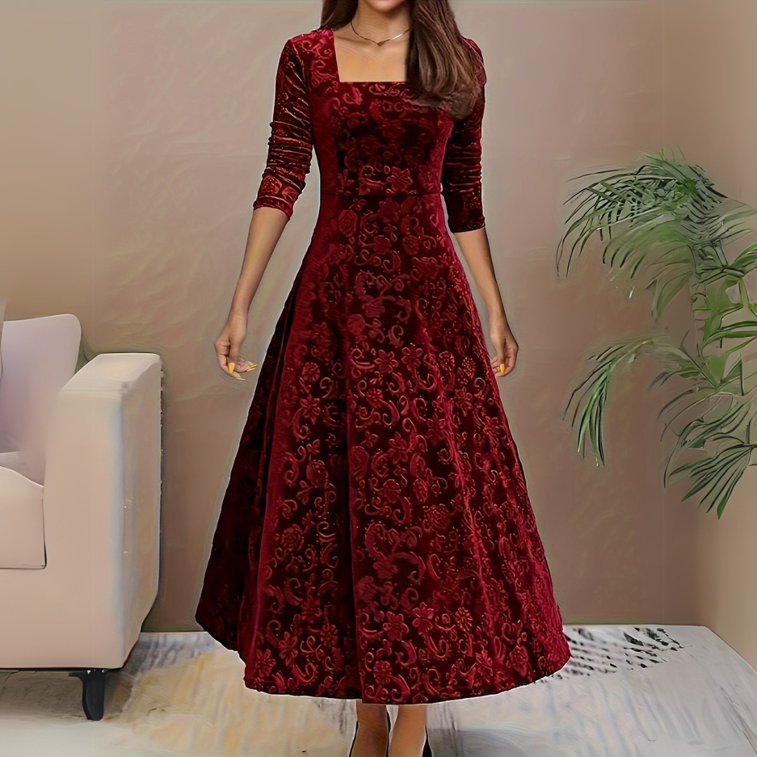 Women's floral festive dress with square neckline, elegant feminine silhouette for weddings and special occasions