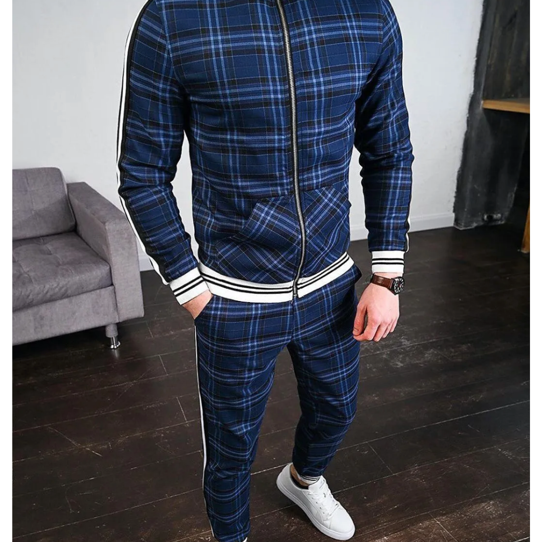 Men's plaid activewear tracksuit with bold side stripe accents, two-piece athletic jogger set
