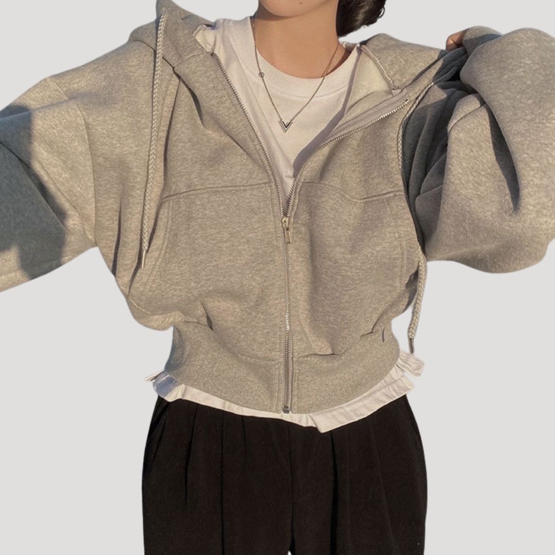 Women's cropped zip-up hoodie jacket lightweight sporty silhouette with hood for spring layering