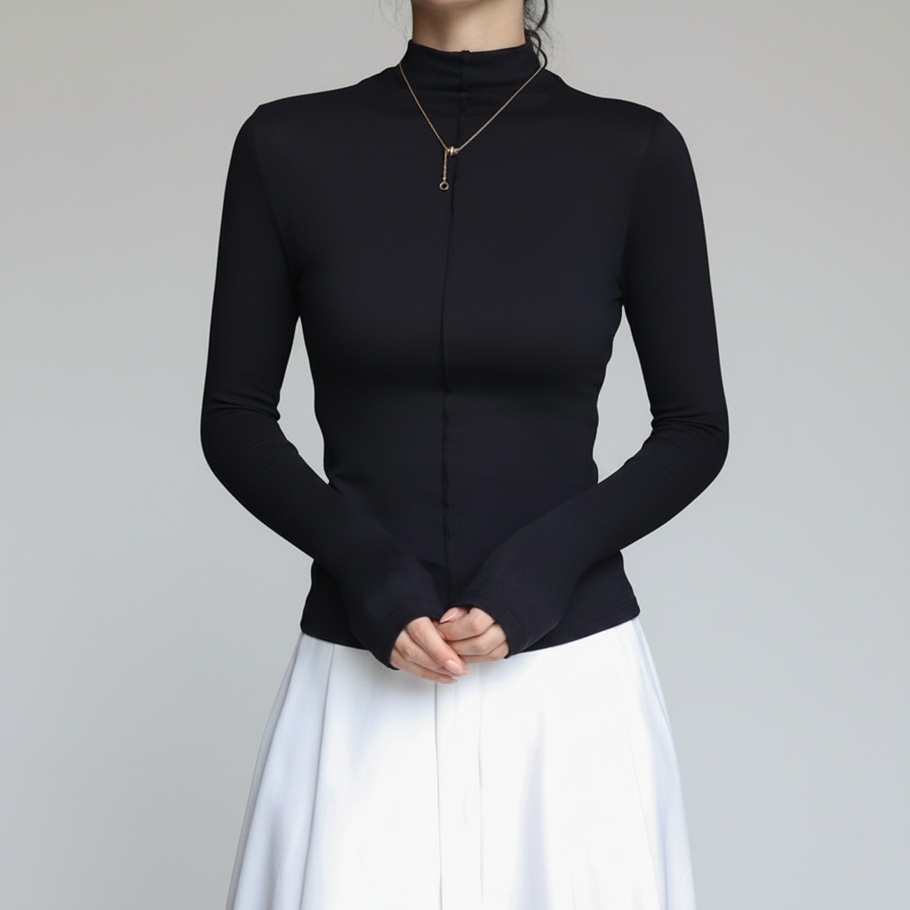 Women's slim fit turtleneck top stretch fabric long sleeve minimalist design work casual wear