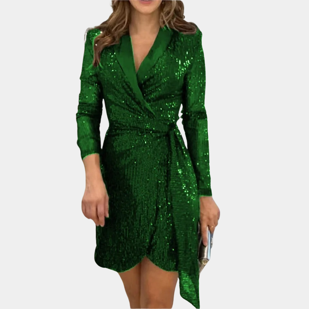Women's black structured blazer dress with built-in waist-cinching belt and tailored fit