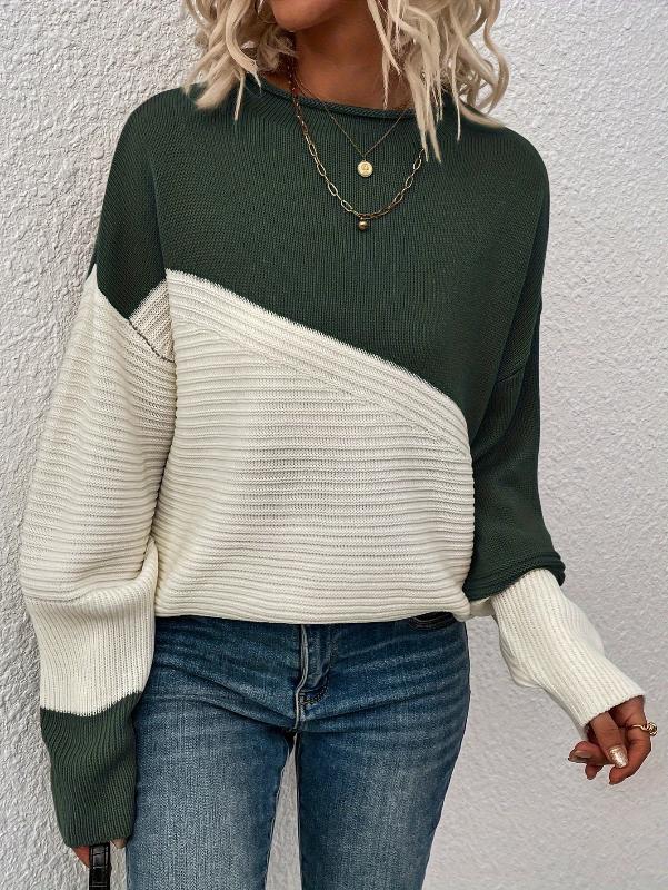 Women's colorblock knit sweater relaxed fit with bold diagonal pattern in soft warm fabric