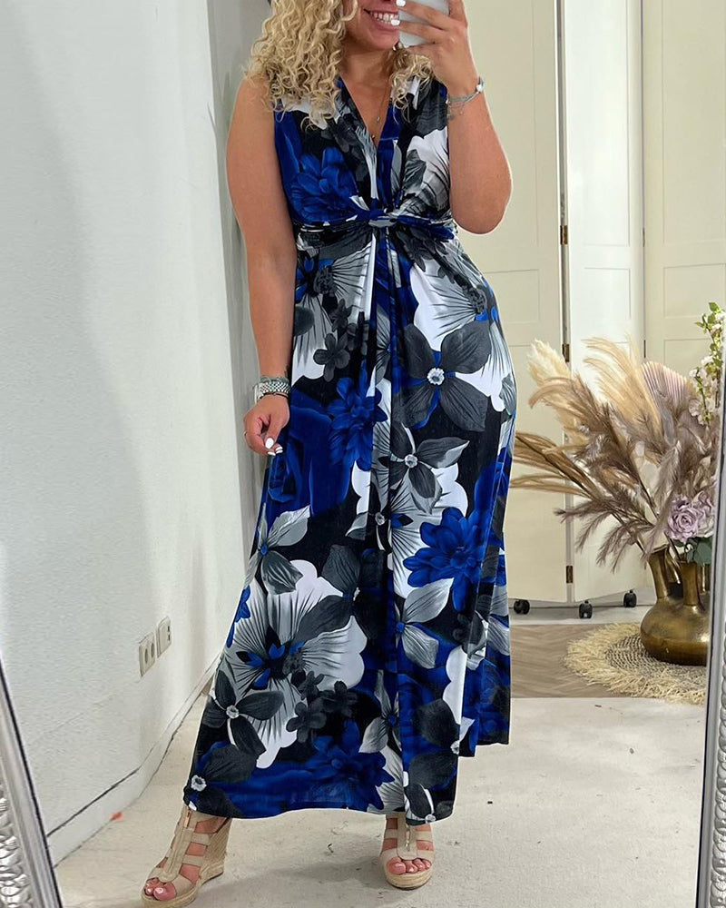 Viola | Women's Floral Maxi Dress Sleeveless Tie Front V-Neck