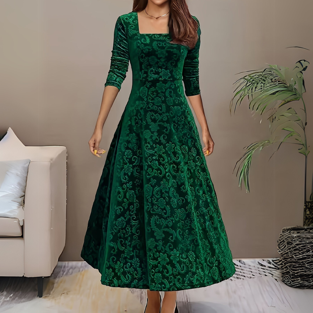 Women's floral festive dress with square neckline, elegant feminine silhouette for weddings and special occasions