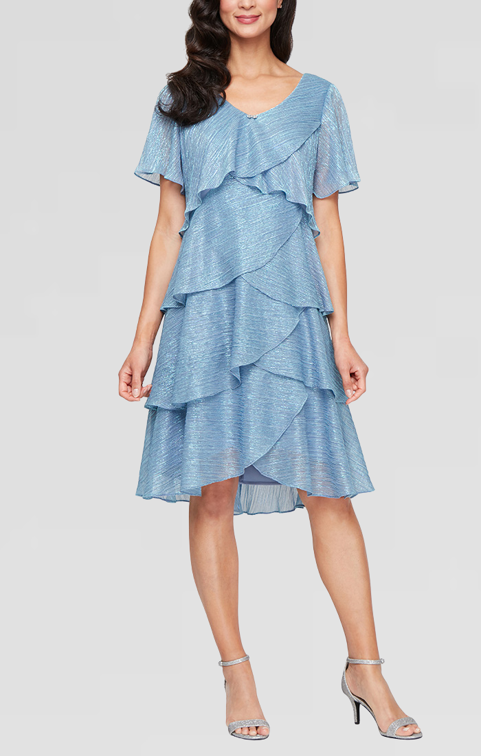 SL Fashions metallic sparkle high-low ruffle dress with tulip layers, mother of bride evening gown