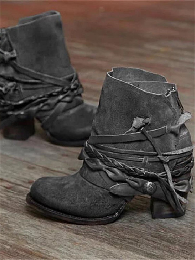 Women's vintage braided ankle boots in suede with mid heel, lace-up closure, and durable rubber sole