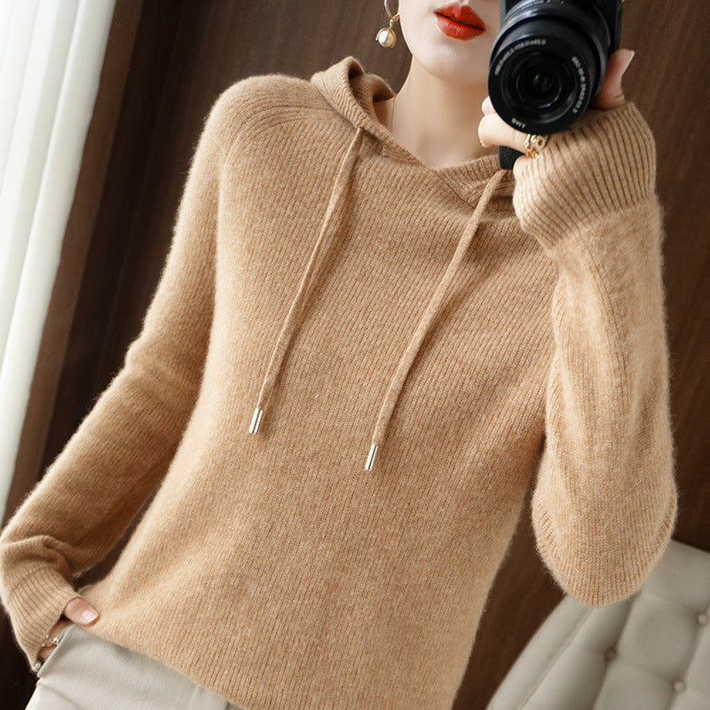 Women's Maya camel cashmere ribbed knit hoodie sweater with drawstring hood for winter warmth