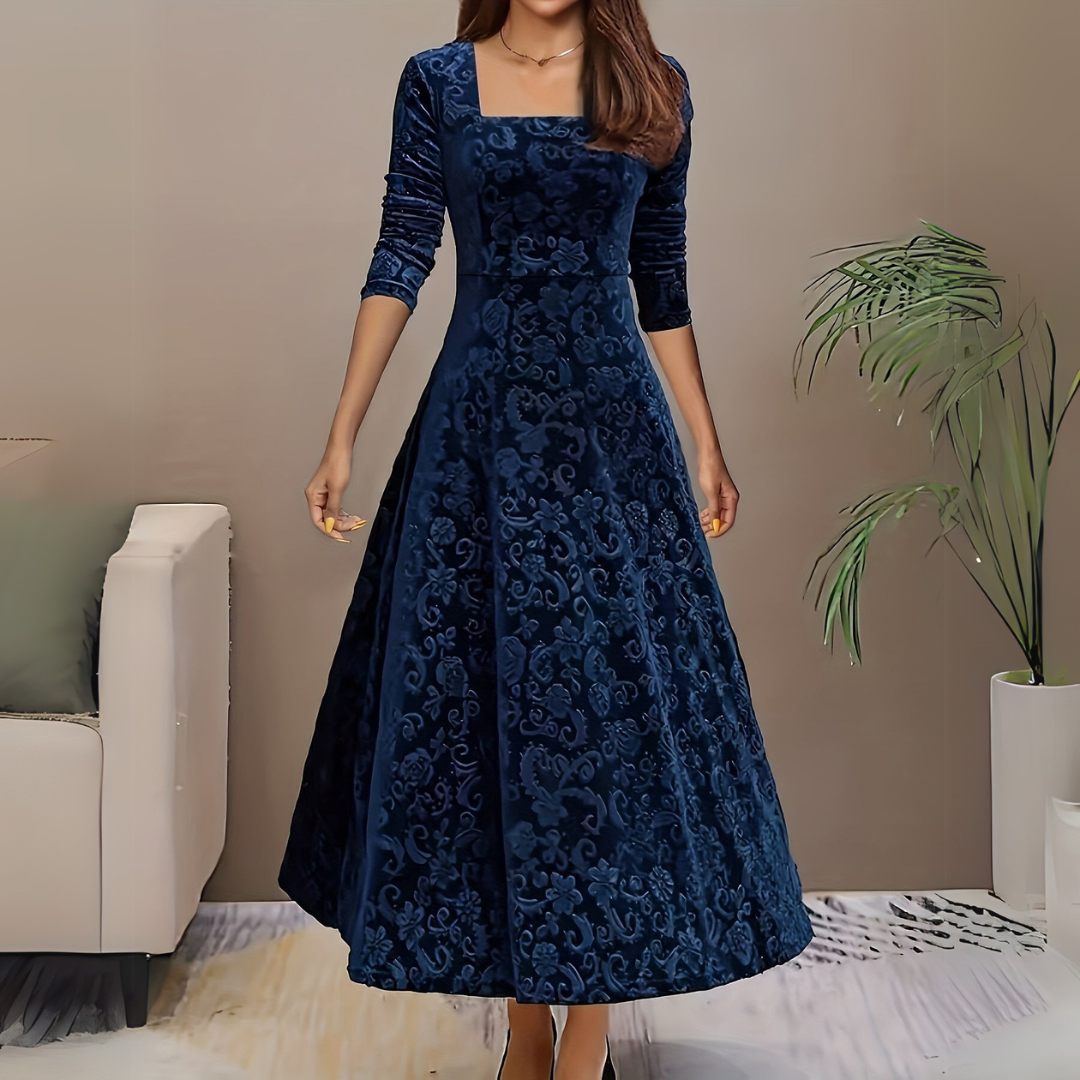 Women's floral festive dress with square neckline, elegant feminine silhouette for weddings and special occasions
