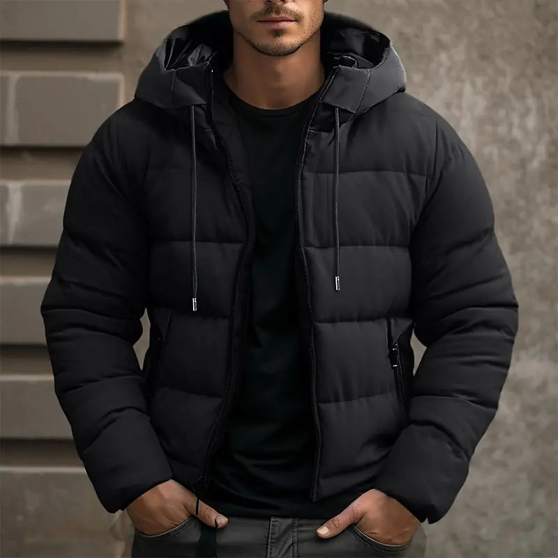 Men's lightweight hooded winter jacket in urban style with adjustable hood and weatherproof zip closure