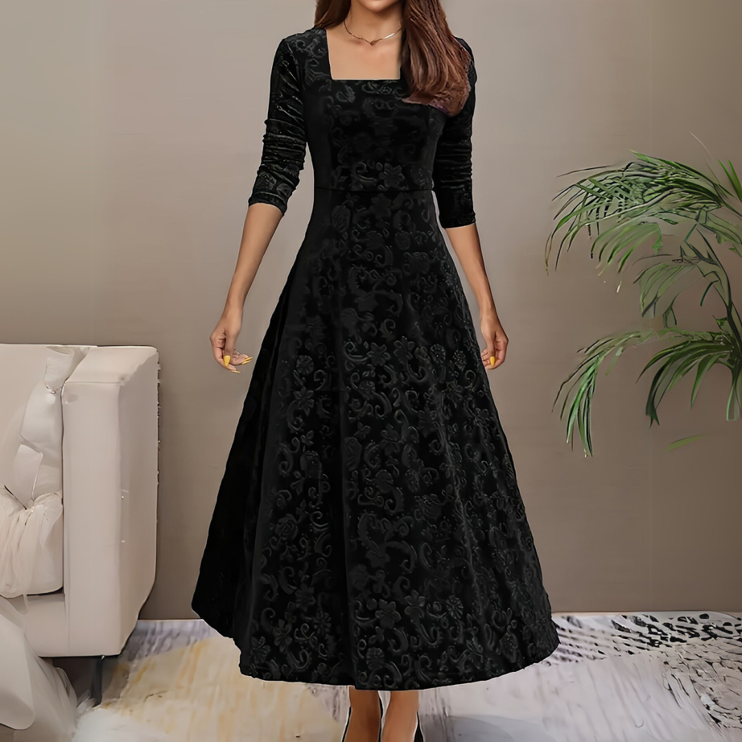 Women's floral festive dress with square neckline, elegant feminine silhouette for weddings and special occasions
