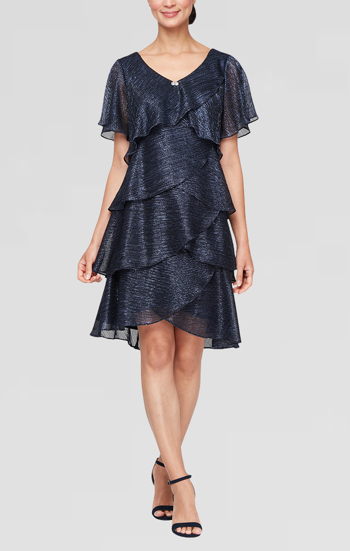 SL Fashions metallic sparkle high-low ruffle dress with tulip layers and V-neck for mother of bride