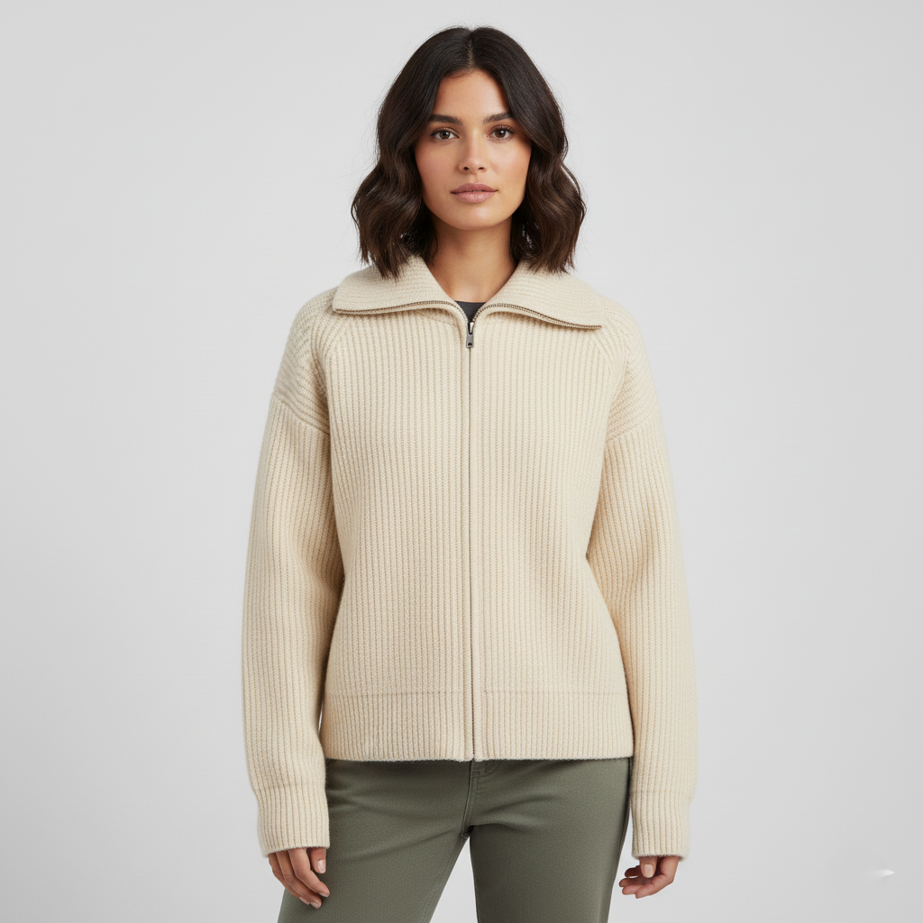 Women's slim fit ribbed knit cardigan with high collar zipper closure, sleek layering essential