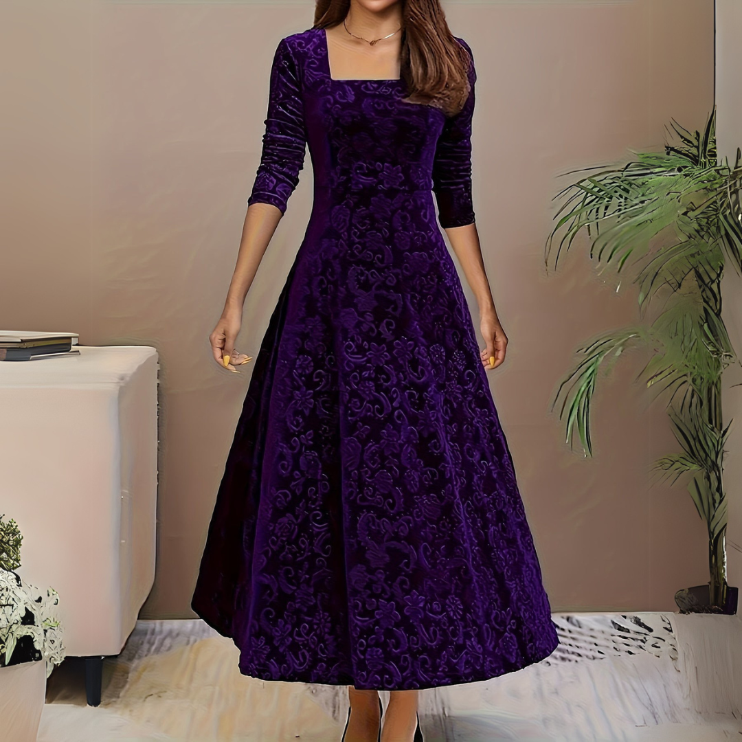 Women's floral festive dress with square neckline, elegant feminine silhouette for weddings and special occasions