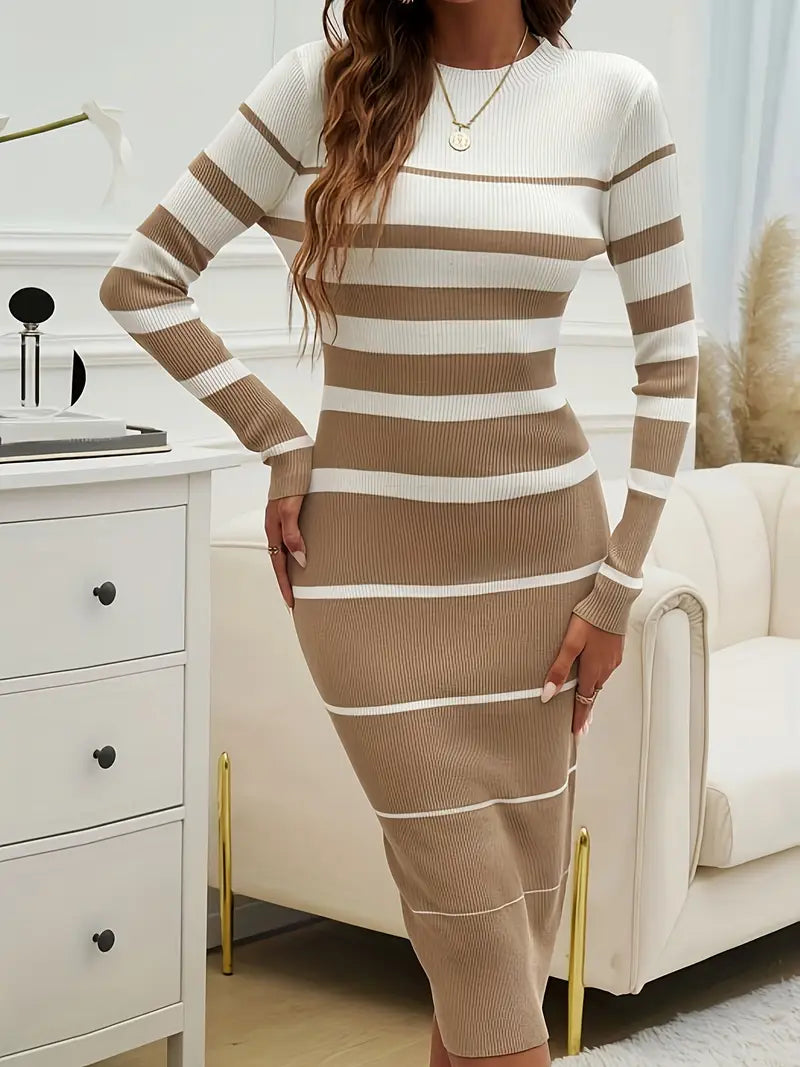 Women's striped bodycon midi dress ultra-soft ribbed knit fabric curve-hugging elongating silhouette