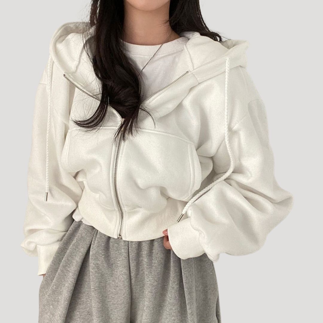 Women's cropped zip-up hoodie jacket lightweight sporty spring layering with modern silhouette