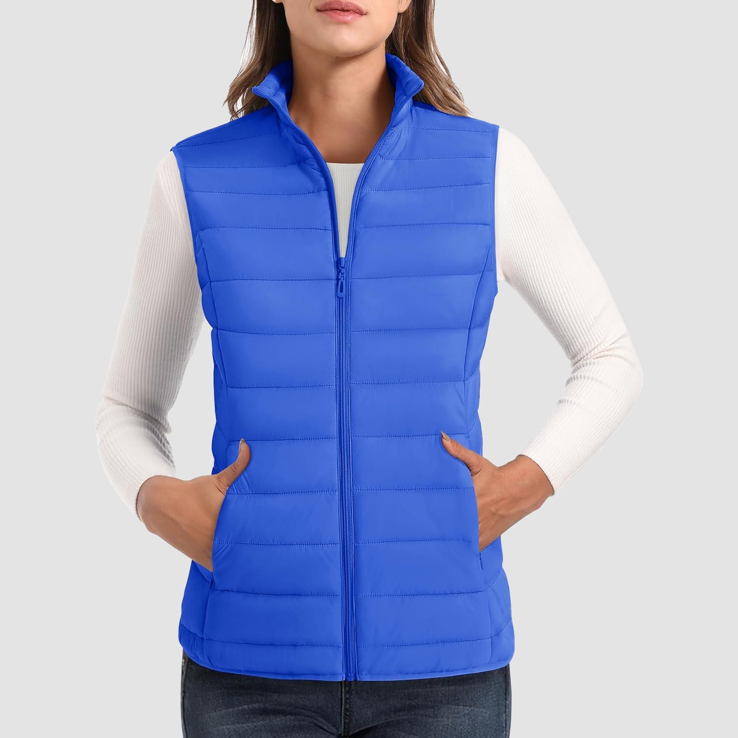 Women's lightweight puffer vest stand collar 4-pocket ultralight water-resistant insulated outerwear