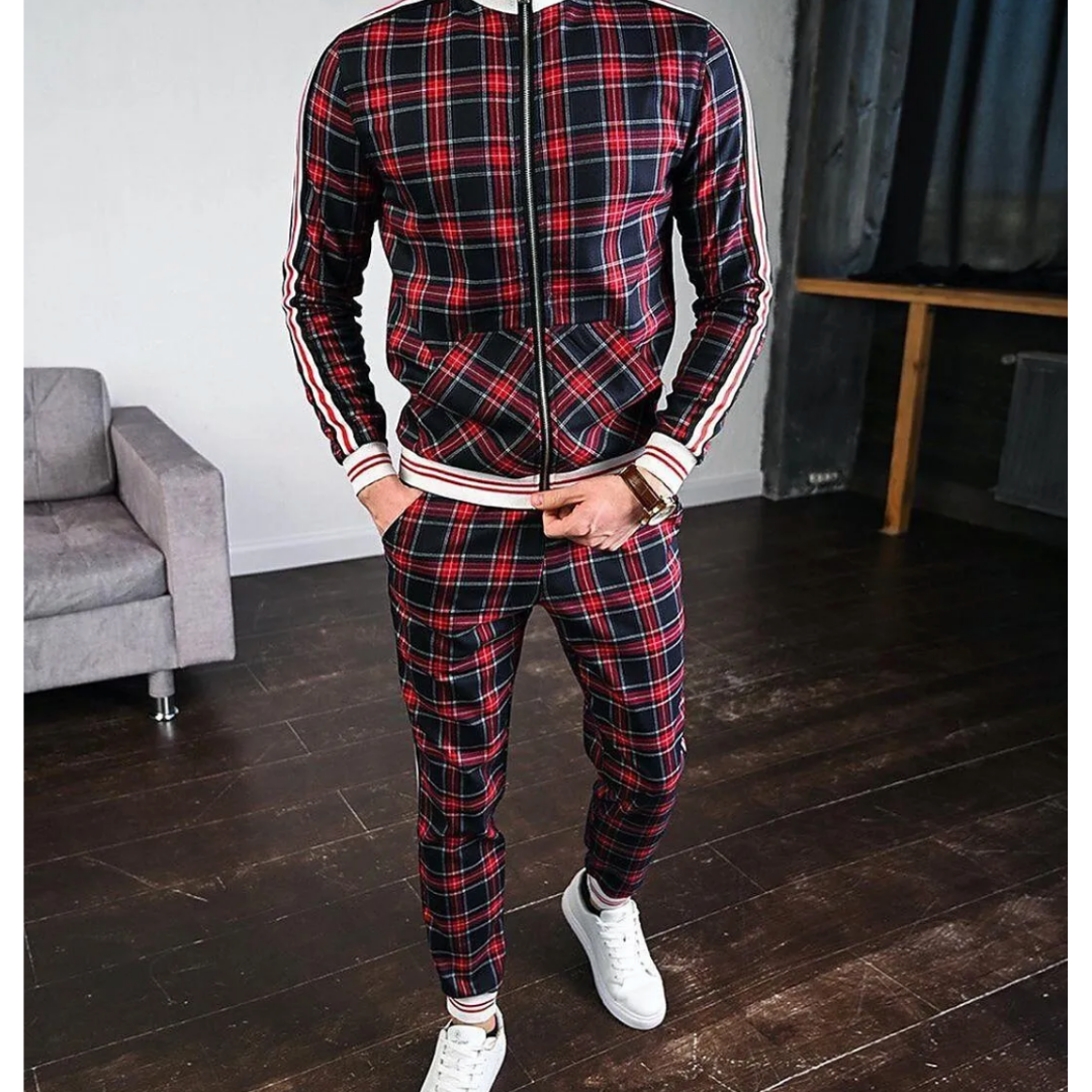 Men's plaid tracksuit two-piece set with bold side stripe accents, athletic streetwear fit for workouts
