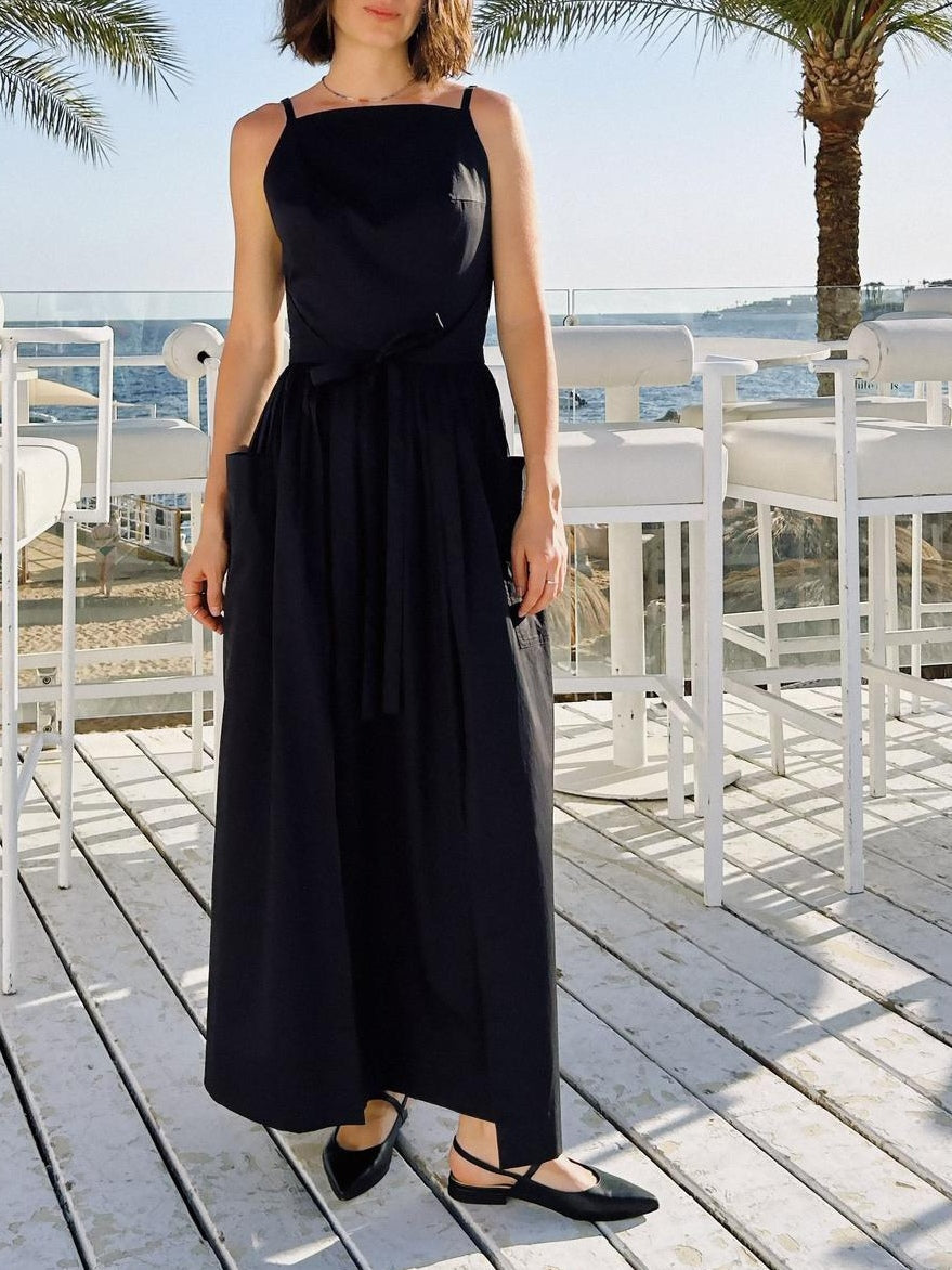 Multicolored belted midi dress square neckline delicate straps no side seams flowing silhouette women