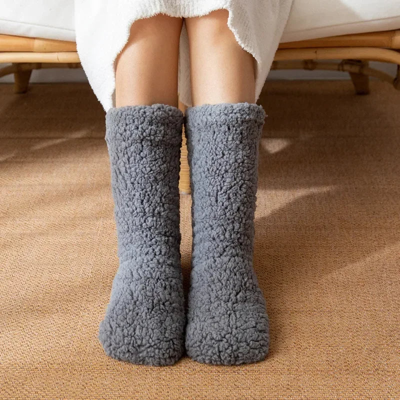 Fleece-lined velvet slipper socks mid-calf non-slip sole cozy winter loungewear one size