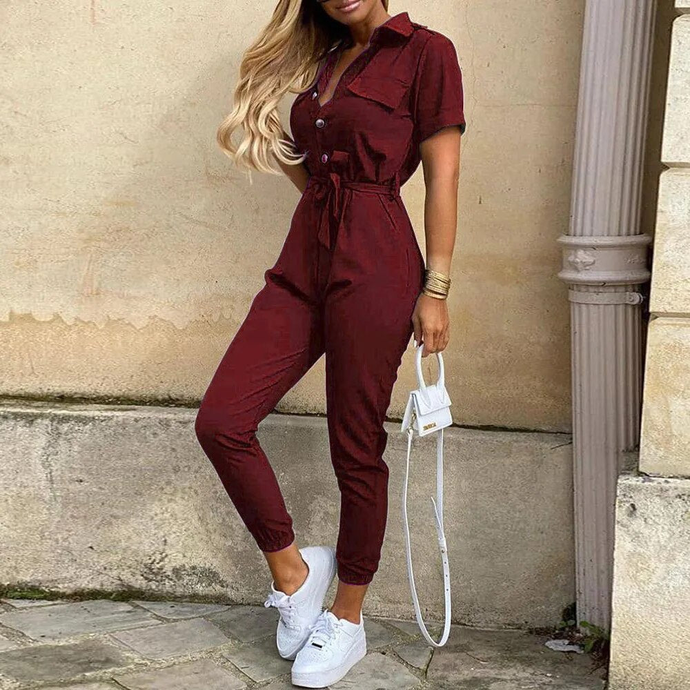 Women's utility jumpsuit with front button closure, waist tie, streamlined silhouette for spring