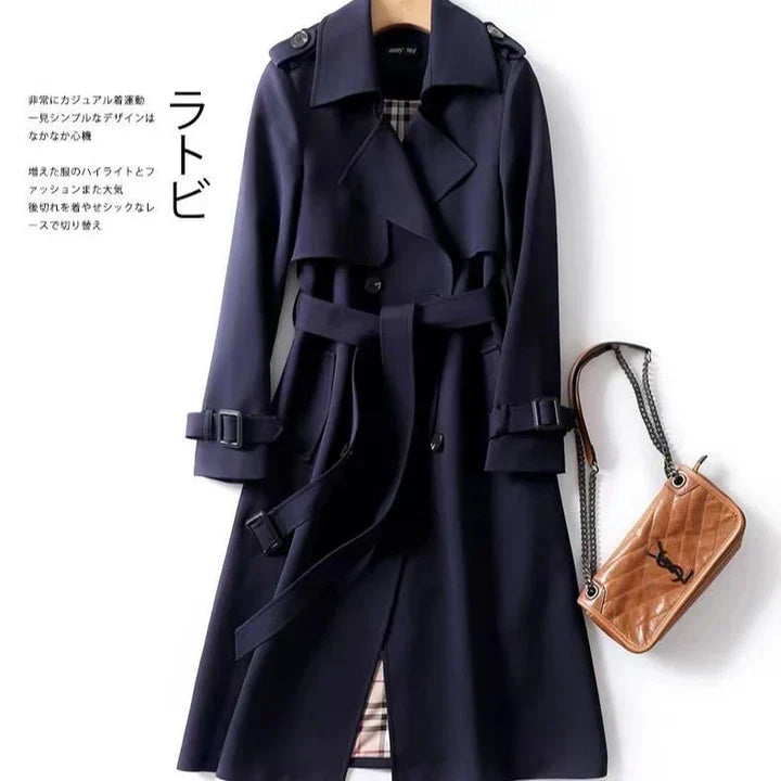 Women's ruby red double-breasted coat elegant tailored silhouette with classic button row