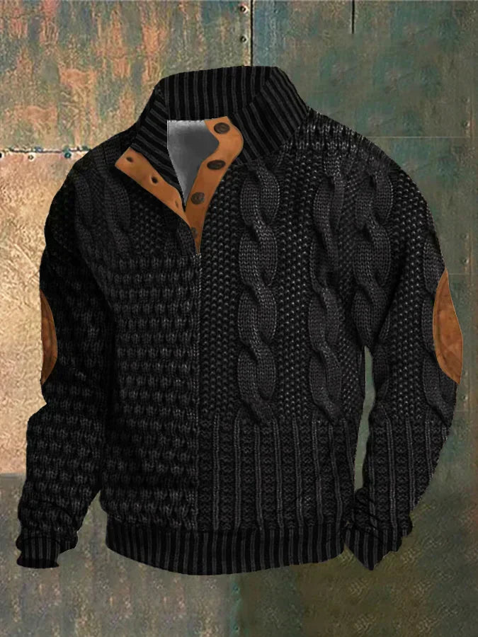 Men's winter knit sweater with button collar, elbow patches, and ribbed texture for cold-weather style