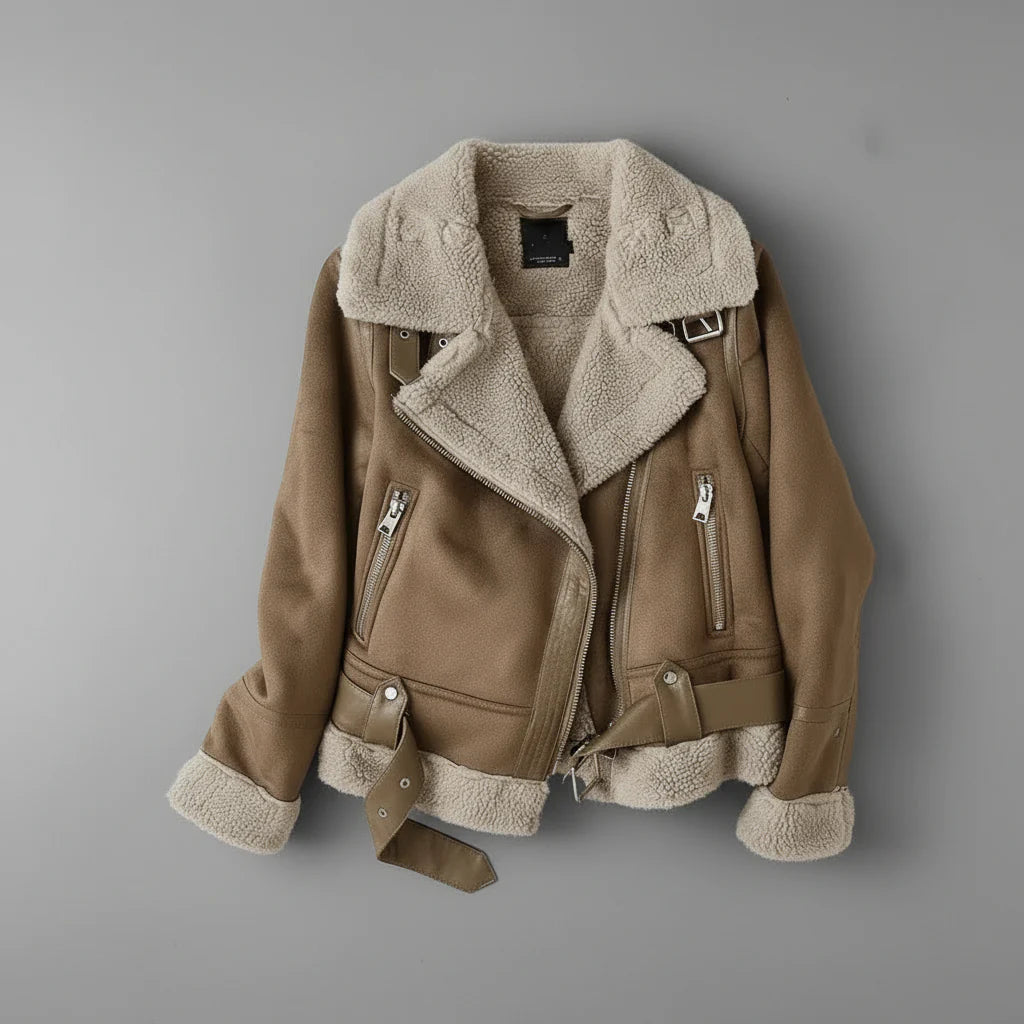 Women's shearling biker jacket with sherpa lining, notched lapel, belted hem, rugged feminine style