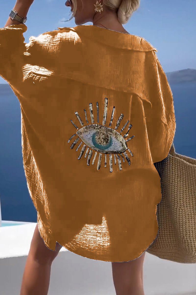 Women's white cotton casual sequin beaded shirt with sparkling embellishments and relaxed regular fit