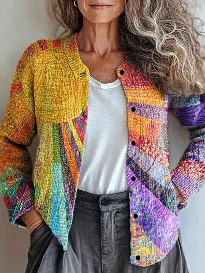 Women's colorful patchwork knit cardigan with front buttons, ribbed trim, and long sleeves