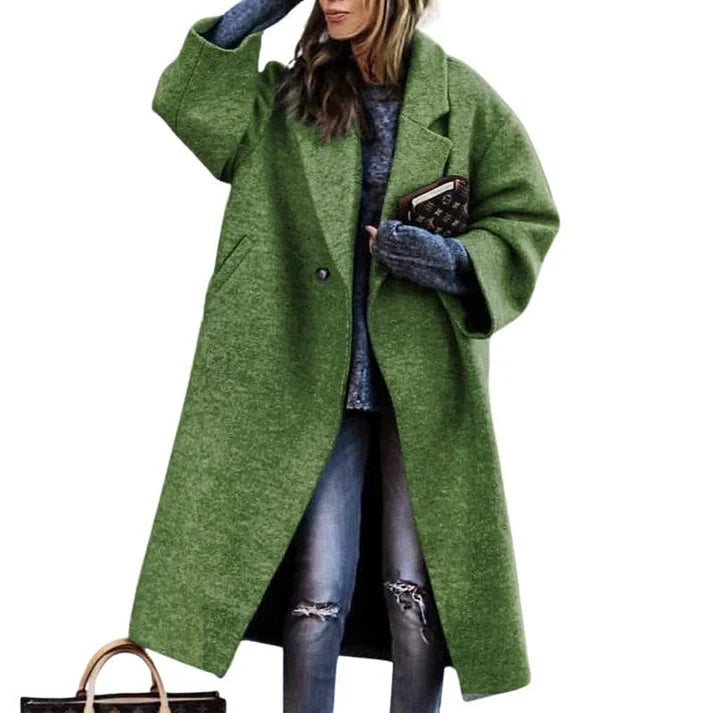 Women's long loose-fit coat with unique pattern, chic contemporary silhouette for winter warmth