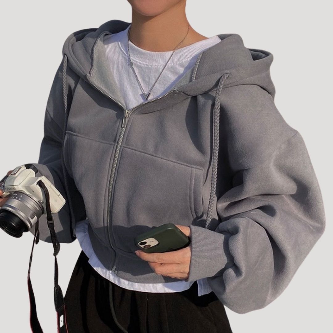 Women's cropped zip-up hoodie jacket lightweight sporty silhouette with adjustable front closure