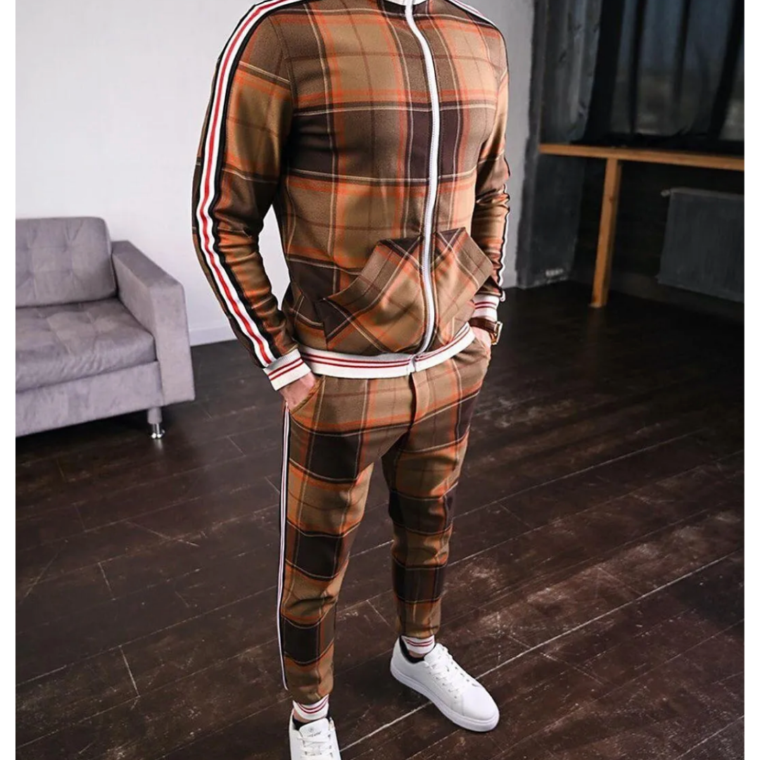 Men's plaid tracksuit two-piece set with bold side stripe accents, athletic slim fit for workouts