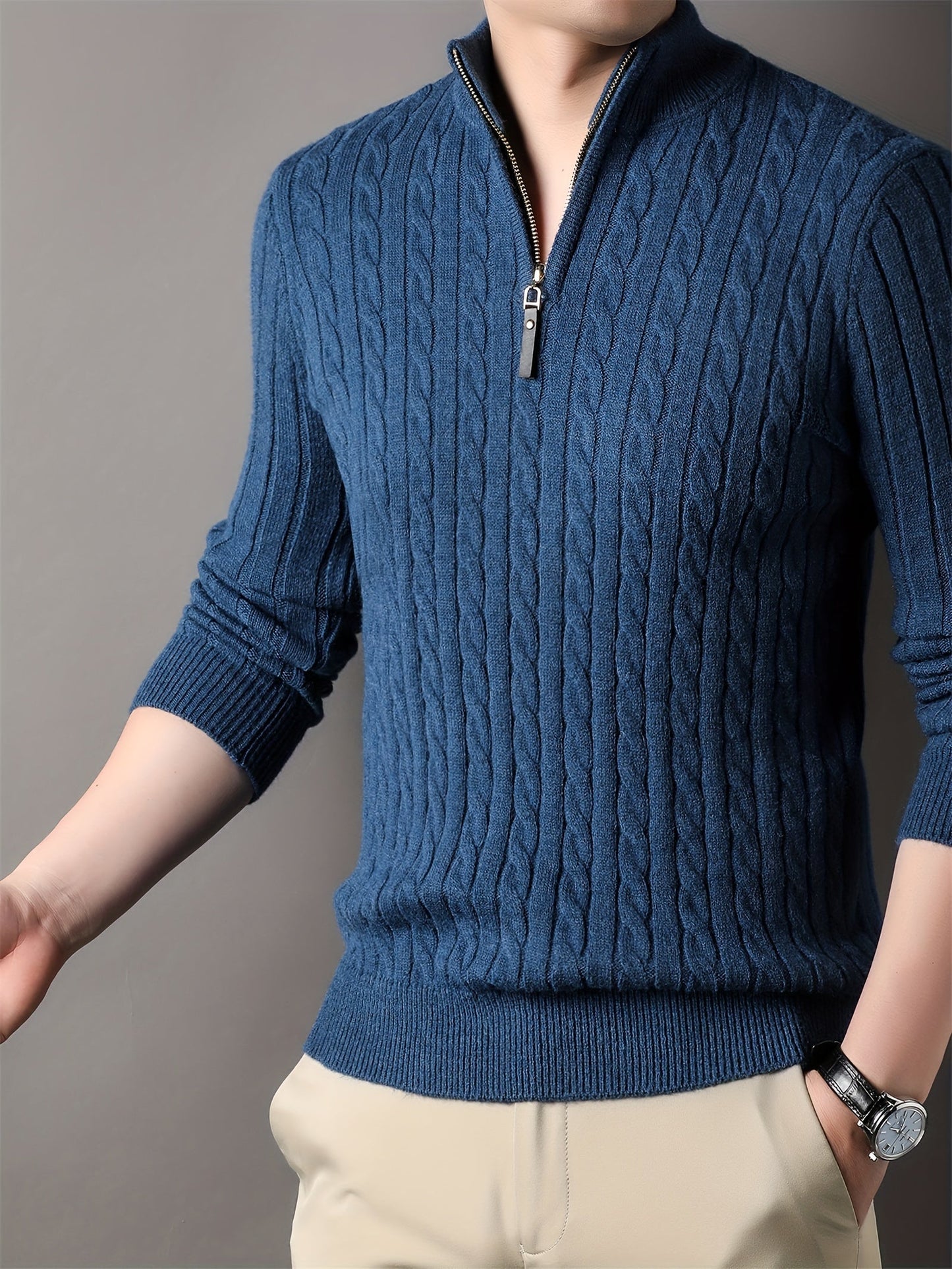 Men's ribbed cable knit winter sweater half-zip collar warm comfort fit in classic neutral tone